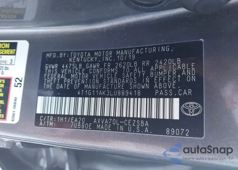 2020 Toyota Camry Se из США, поврежденный, VIN 4T1G11AK3LU889418